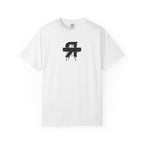 White t-shirt with a black square logo on a white background