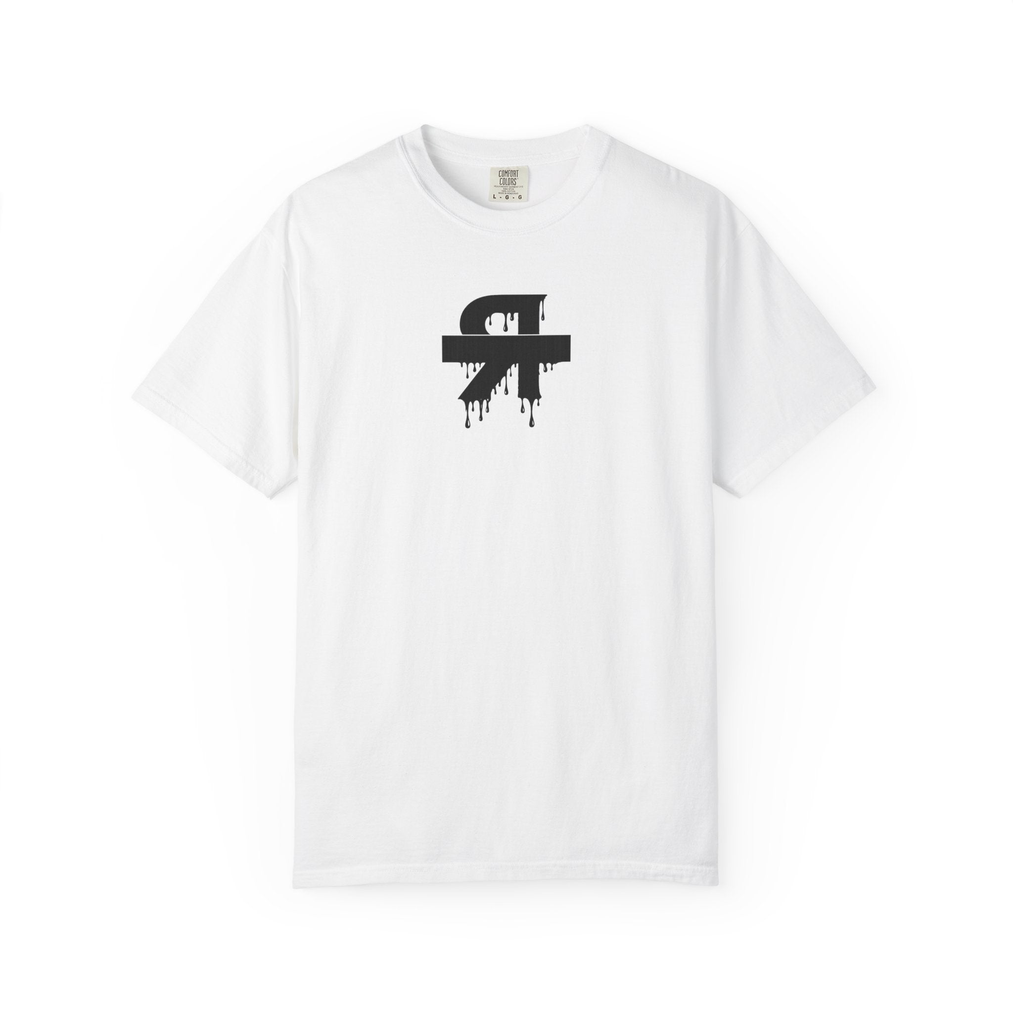 White t-shirt with a black square logo on a white background