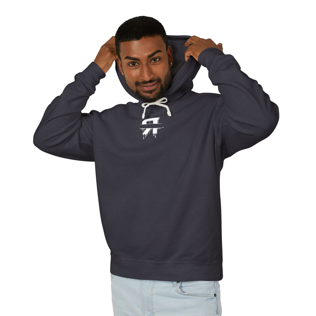 Man wearing a dark blue hoodie with graphic designs and text on a white background