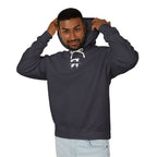 Man wearing a dark blue hoodie with graphic designs and text on a white background