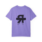 Purple t-shirt with a black logo on the back against a white background