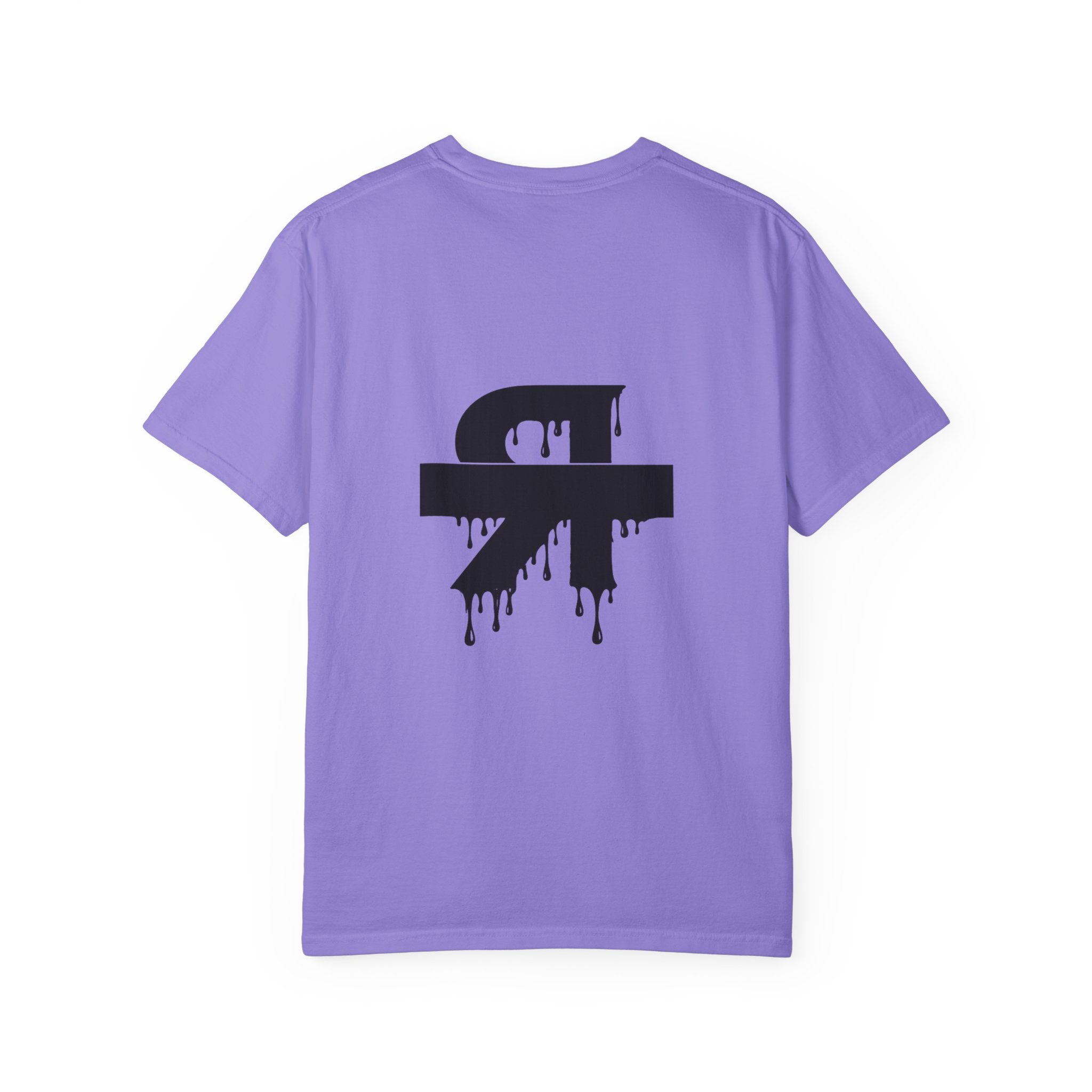 Purple t-shirt with a black logo on the back against a white background