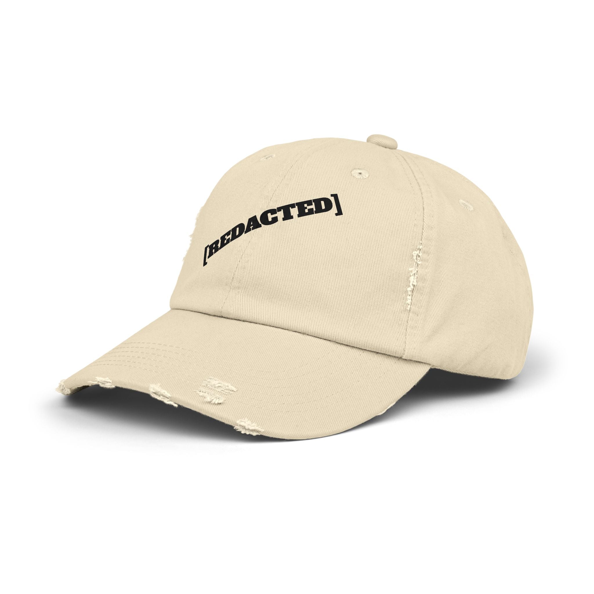 Tan strapback hat with [REDACTED] logo angled product shot