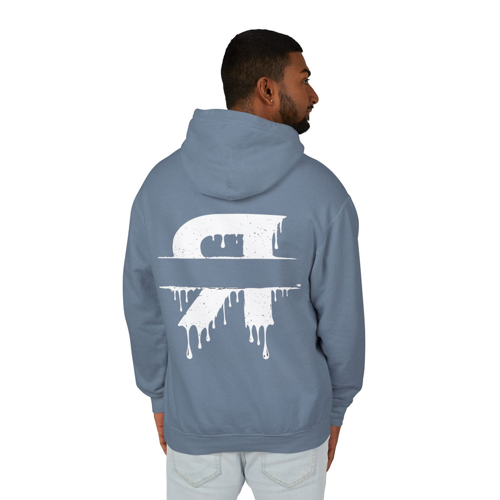 Man wearing a gray hoodie with a white graphic on the back against a white background