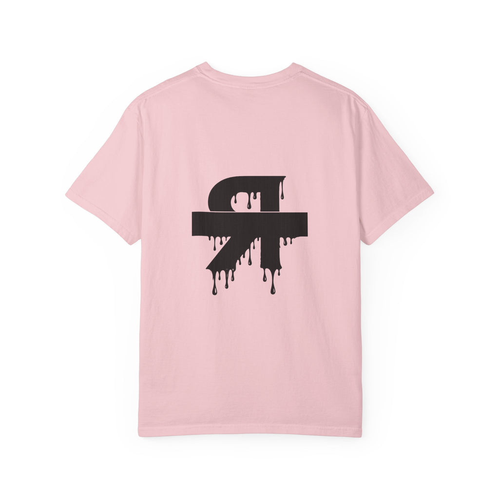 Pink t-shirt with a black logo on the back against a white background