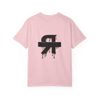 Pink t-shirt with a black logo on the back against a white background