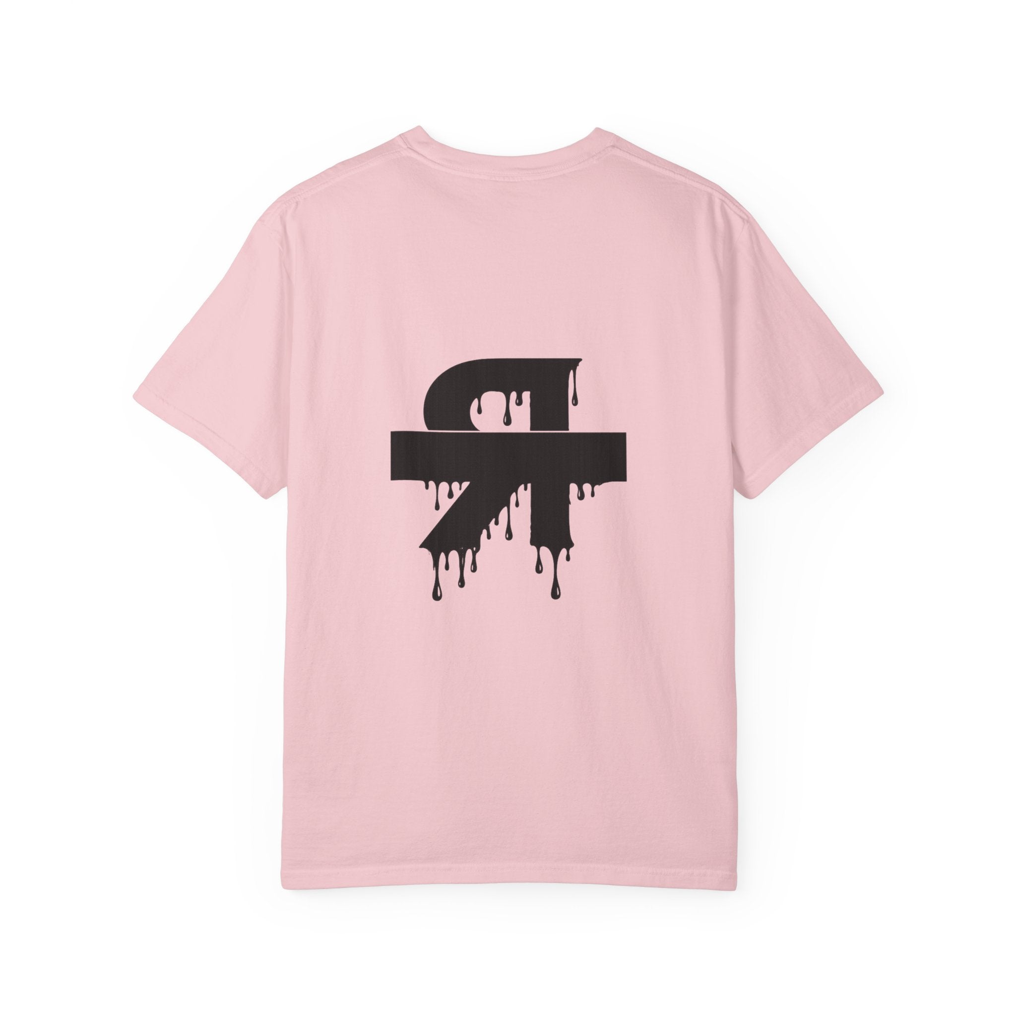Pink t-shirt with a black logo on the back against a white background