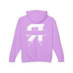 Purple hoodie with a white graphic design on the back against a white background