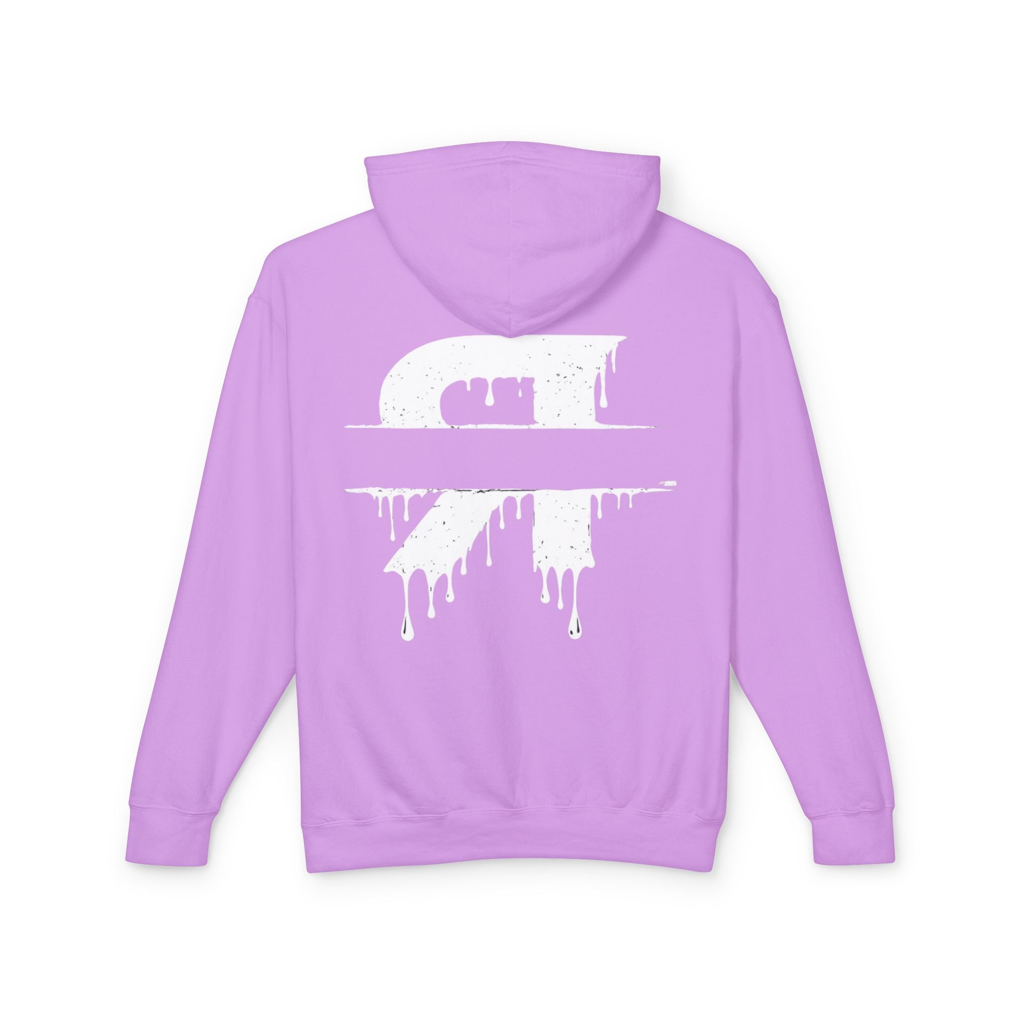 Purple hoodie with a white graphic design on the back against a white background