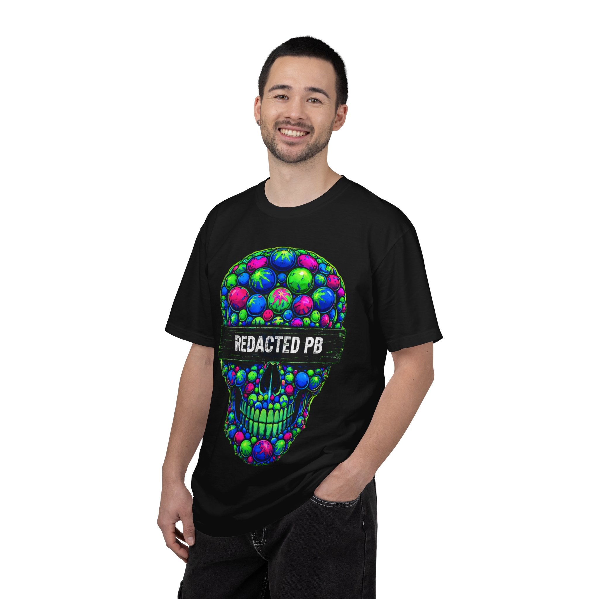 Person wearing a black t-shirt with a colorful graphic design on a white background
