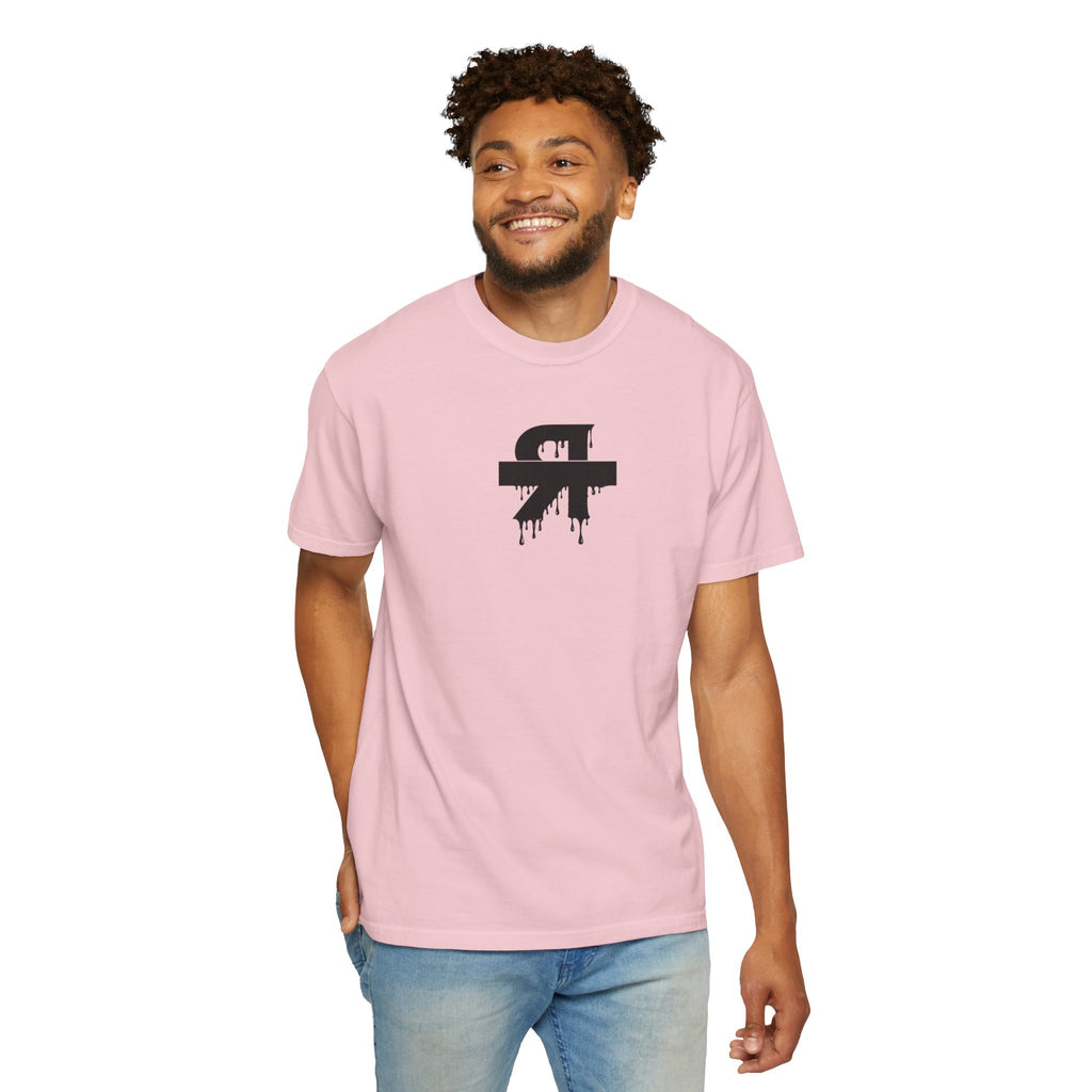 Man wearing a pink t-shirt with a black logo on a white background