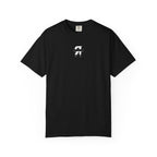 Black t-shirt with a logo on the chest against a white background