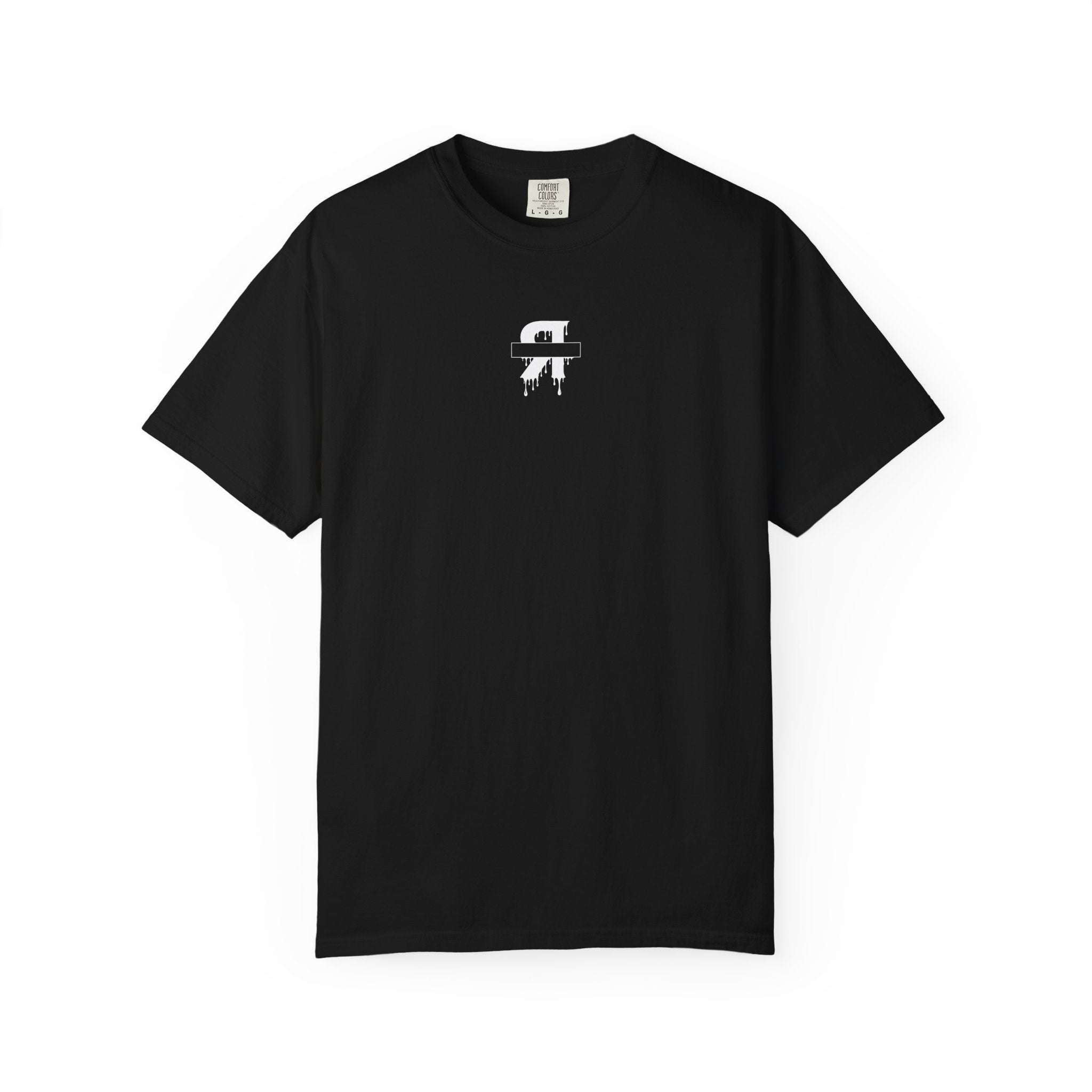 Black t-shirt with a logo on the chest against a white background