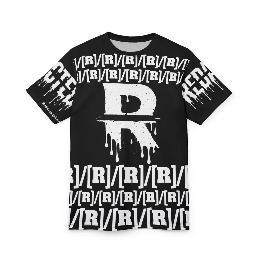 Black t-shirt with white graphic design on a white background