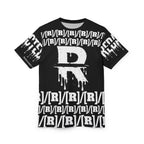 Black t-shirt with white graphic design on a white background