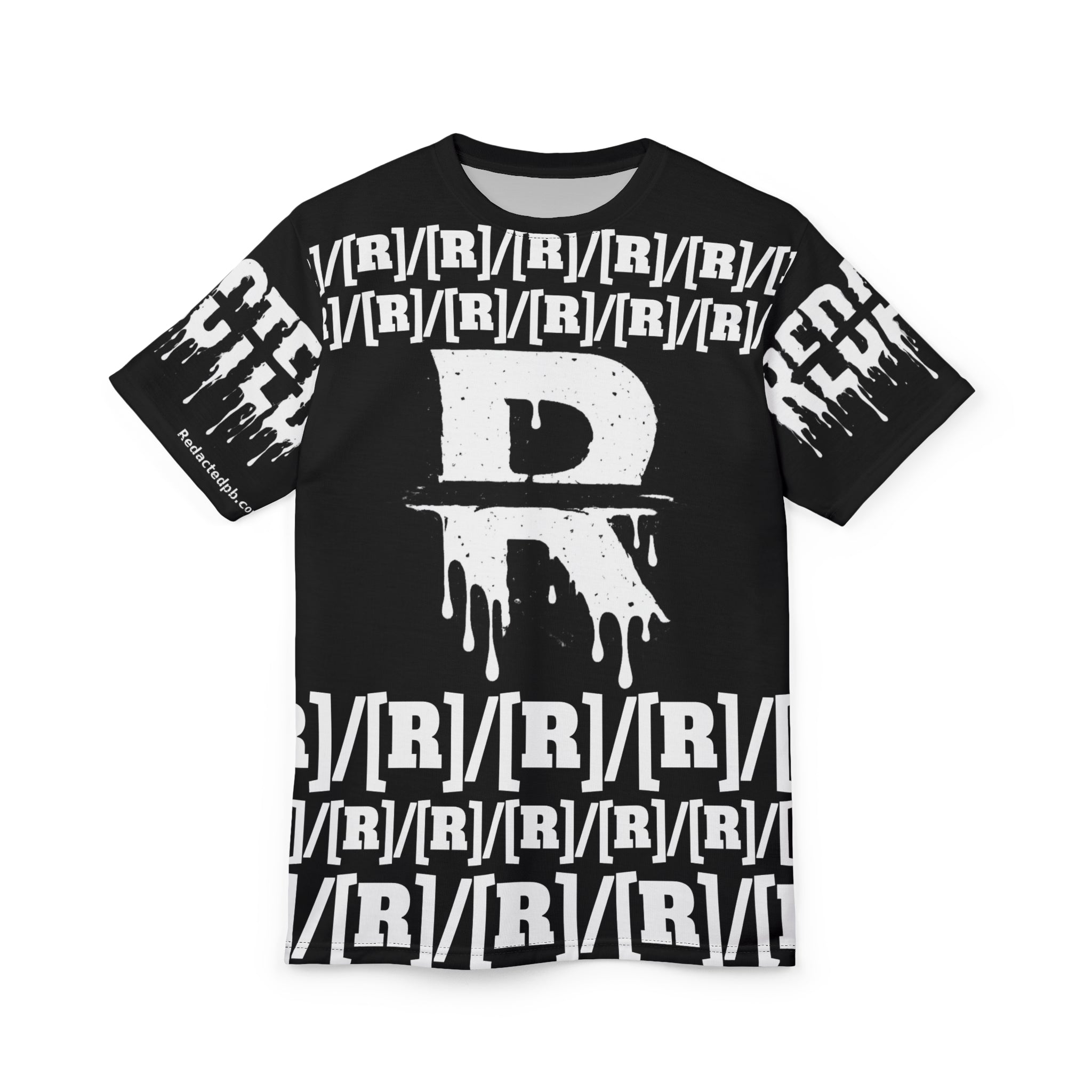 Black t-shirt with white graphic design on a white background