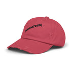Red dad hat with [REDACTED] logo angled view