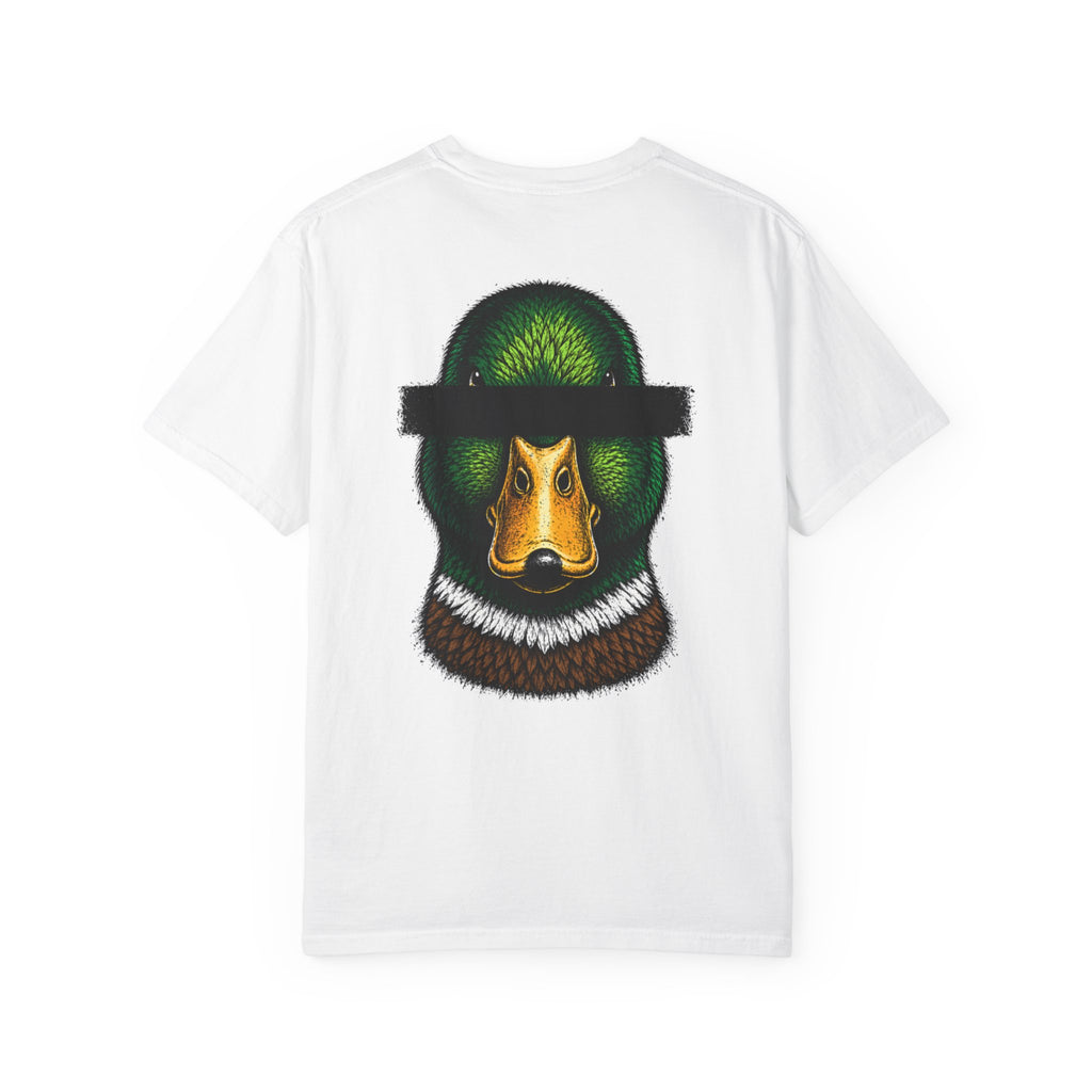 White t-shirt with a duck head graphic on a white background