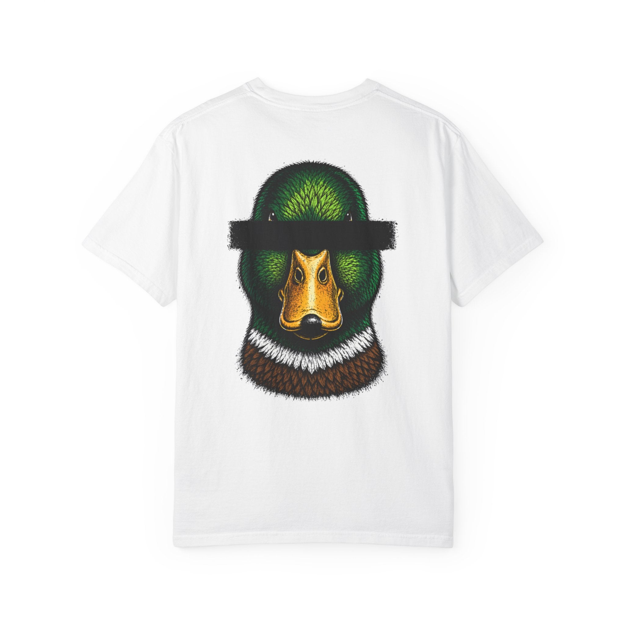 White t-shirt with a duck head graphic on a white background
