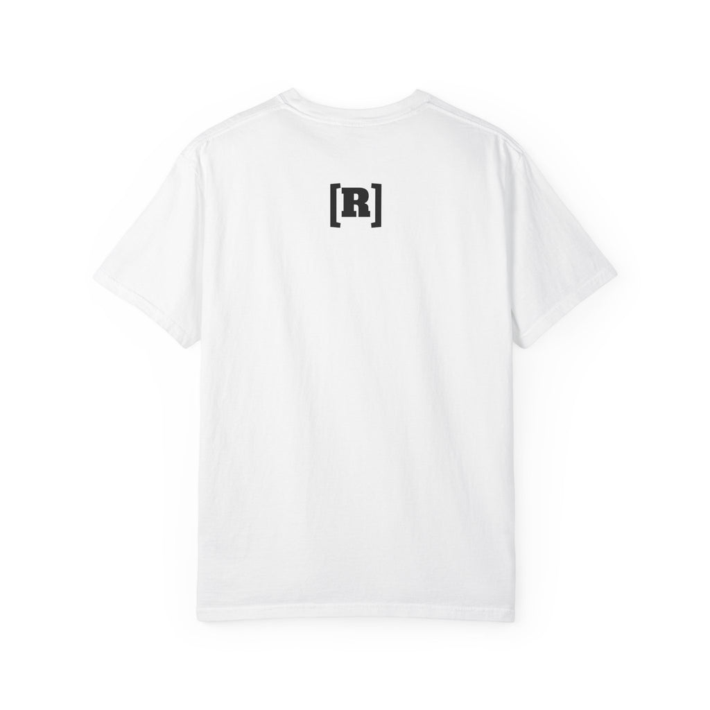 White t-shirt with a black logo on the back against a white background