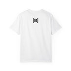 White t-shirt with a black logo on the back against a white background