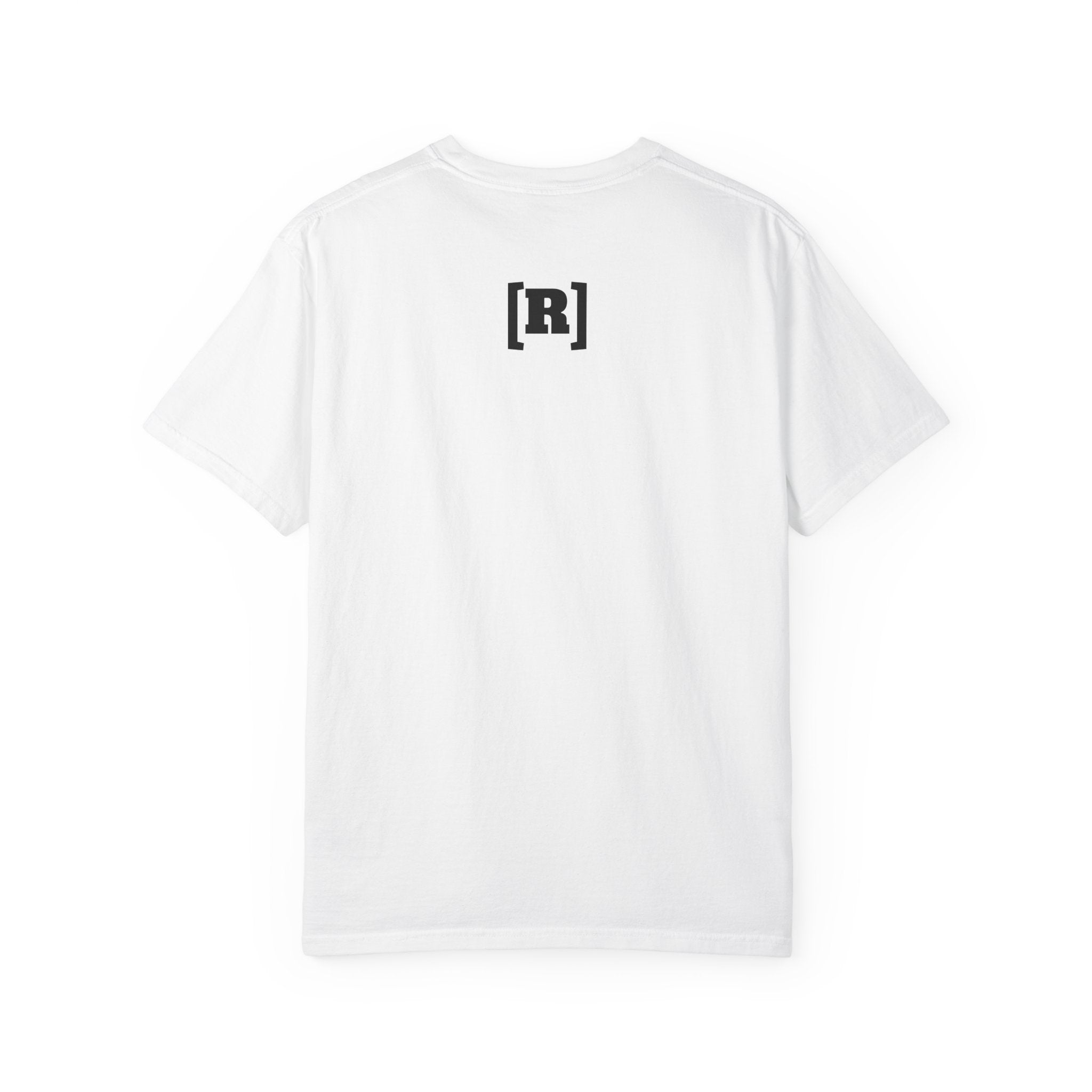 White t-shirt with a black logo on the back against a white background