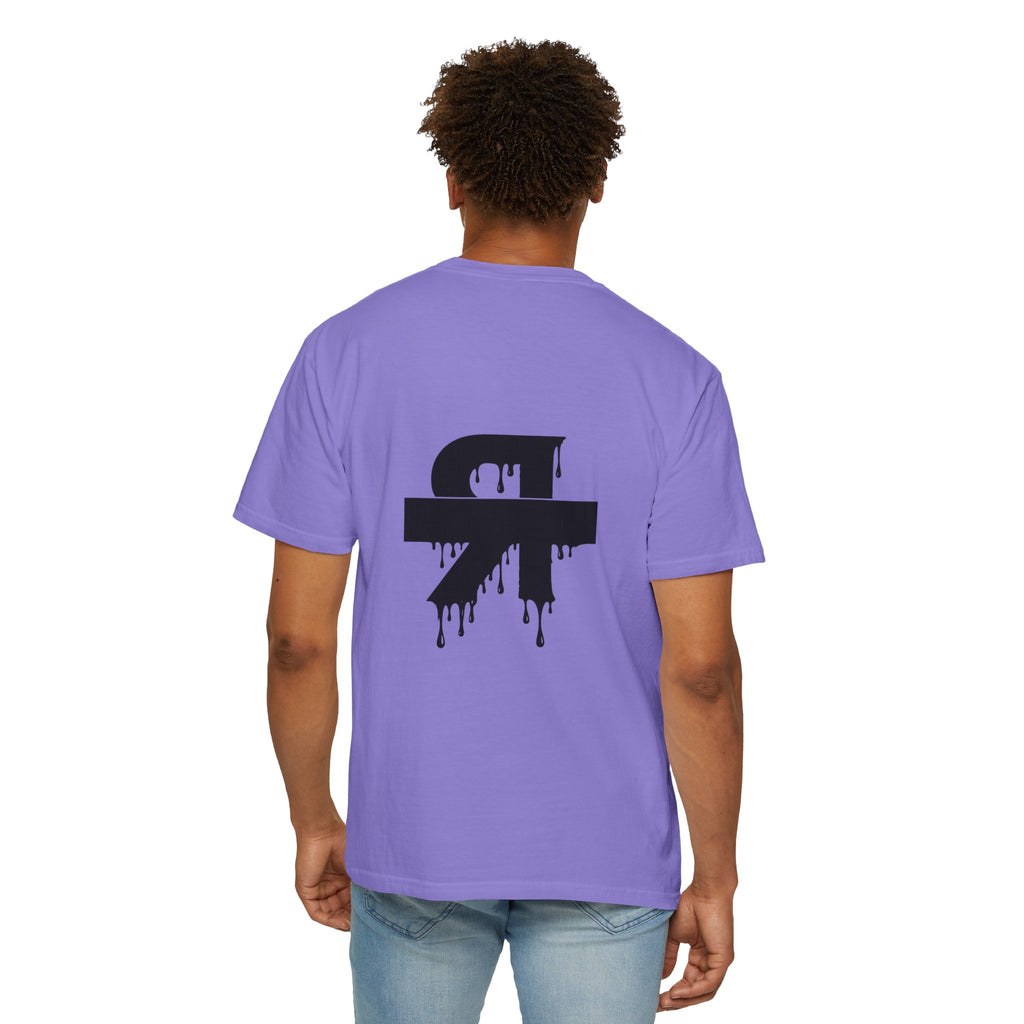 Person wearing a purple t-shirt with a black logo on the back, standing against a white background