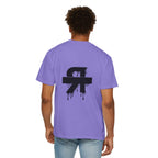 Person wearing a purple t-shirt with a black logo on the back, standing against a white background