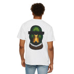 Person wearing a white t-shirt with a colorful graphic on the back, standing against a white background