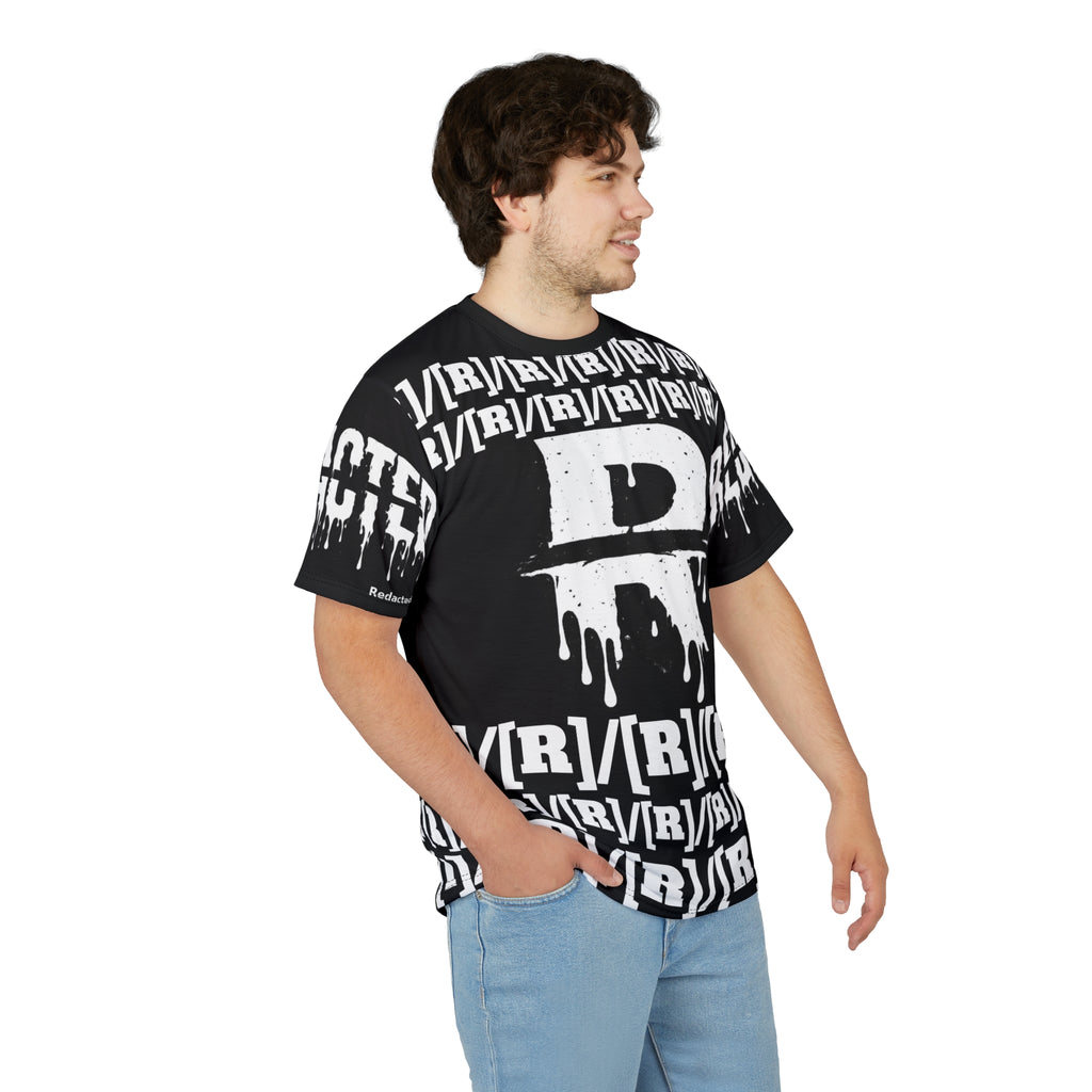 Man wearing a black t-shirt with white graphics on a white background