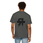 Person wearing a gray t-shirt with 'Iron Saint' design on the back