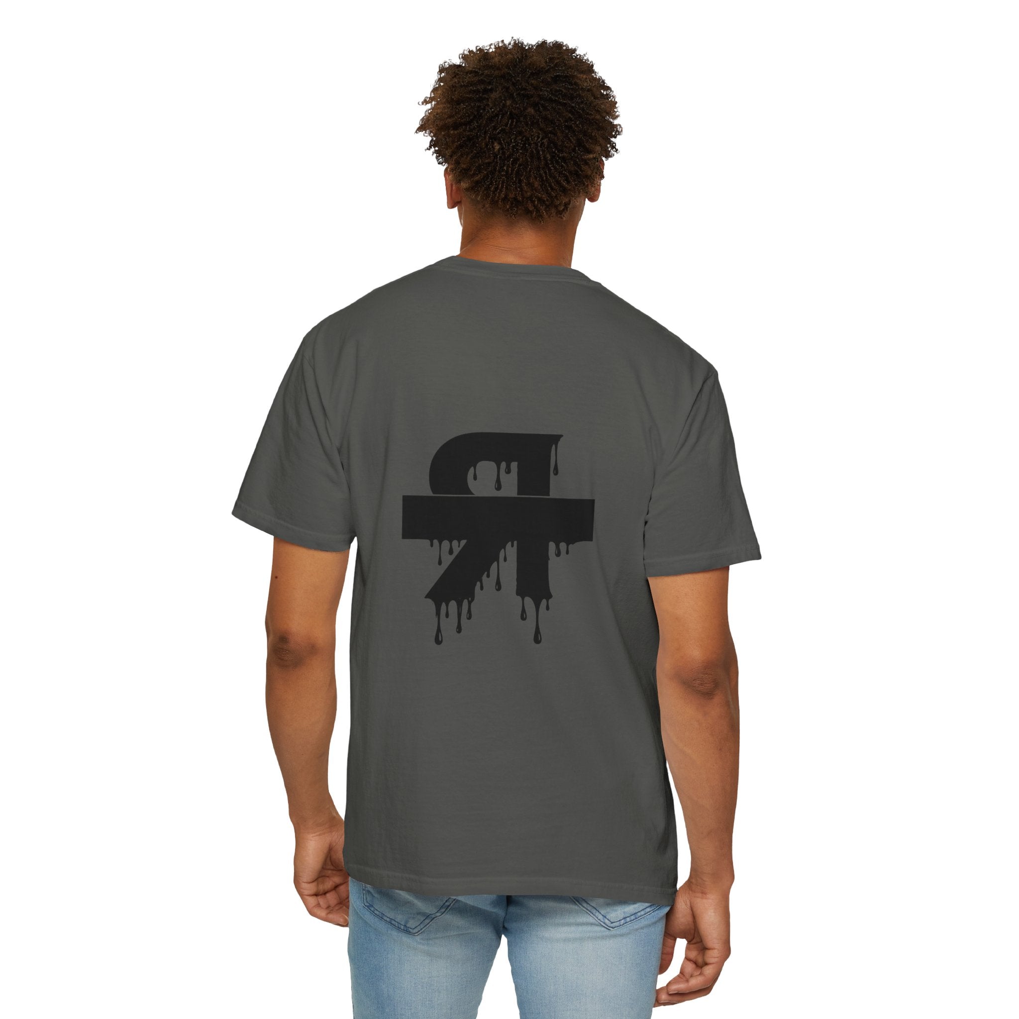 Person wearing a gray t-shirt with 'Iron Saint' design on the back