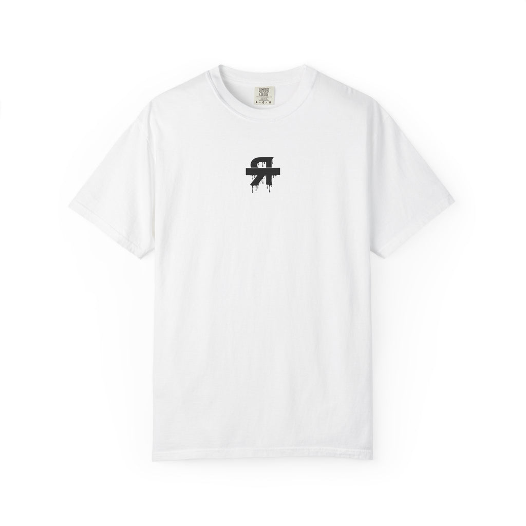 White t-shirt with a black logo on a white background