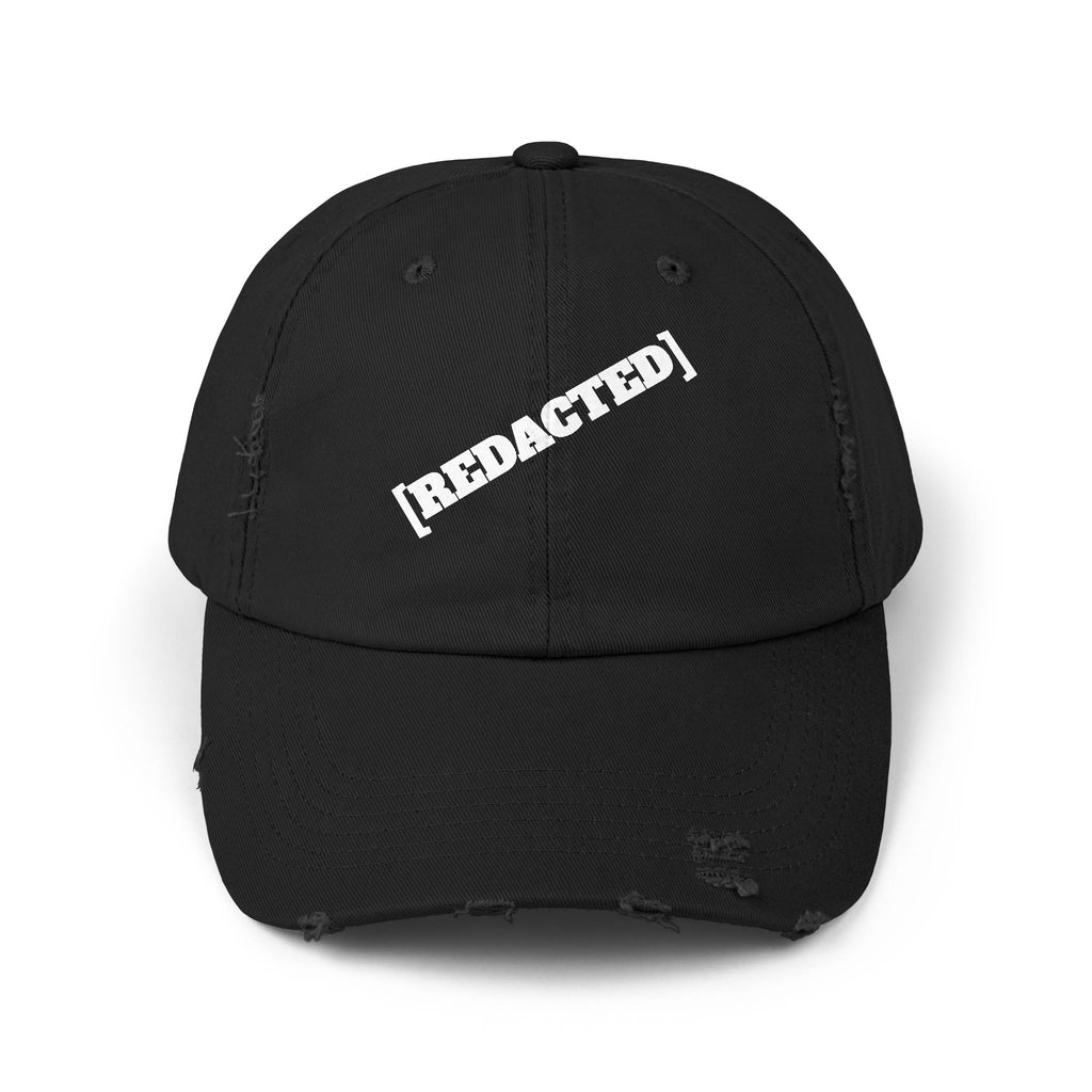 Black distressed strapback hat with [REDACTED] text front view