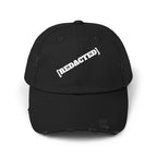 Black distressed strapback hat with [REDACTED] text front view