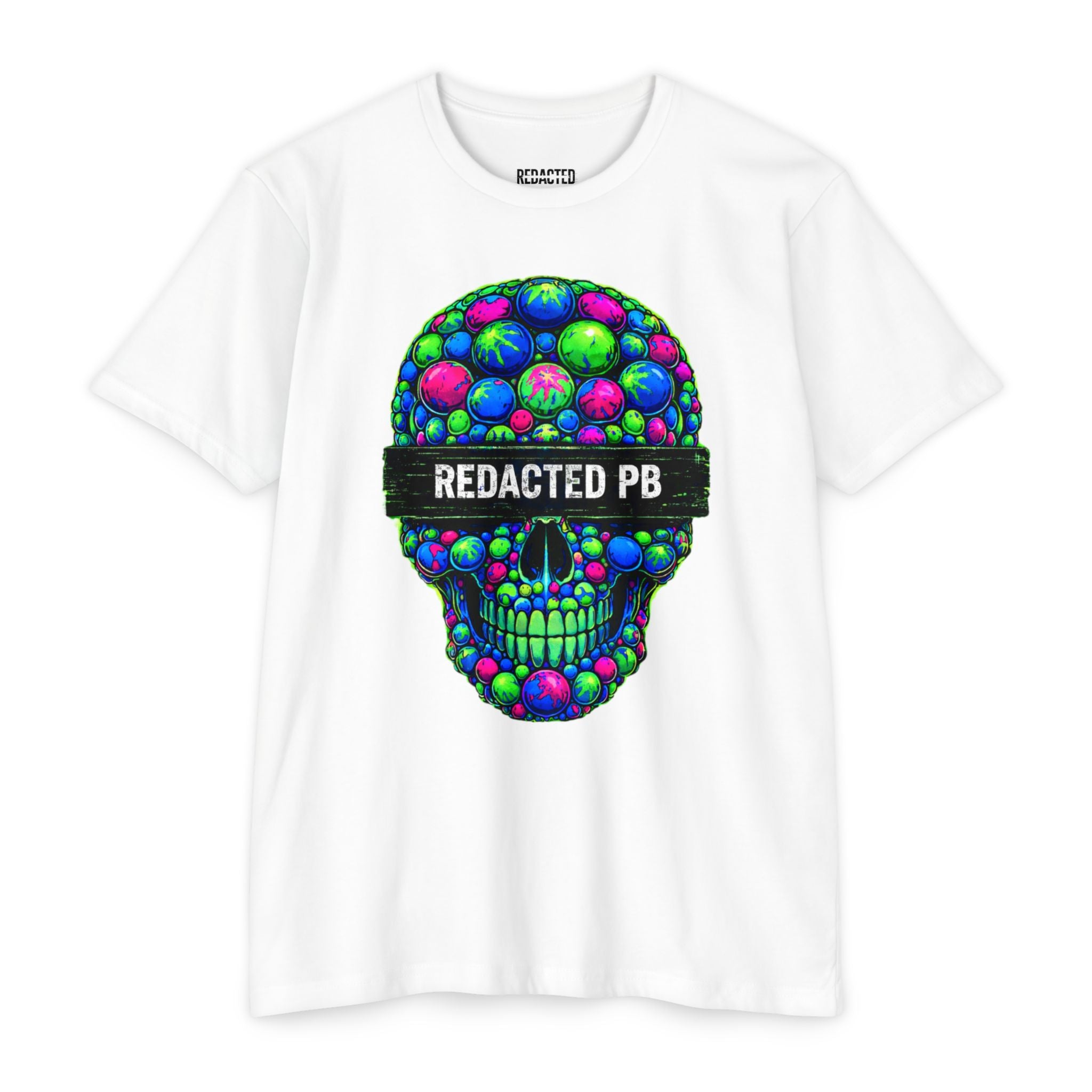Paintball skull graphic t shirt made of paintball splatter with redacted PB bar design