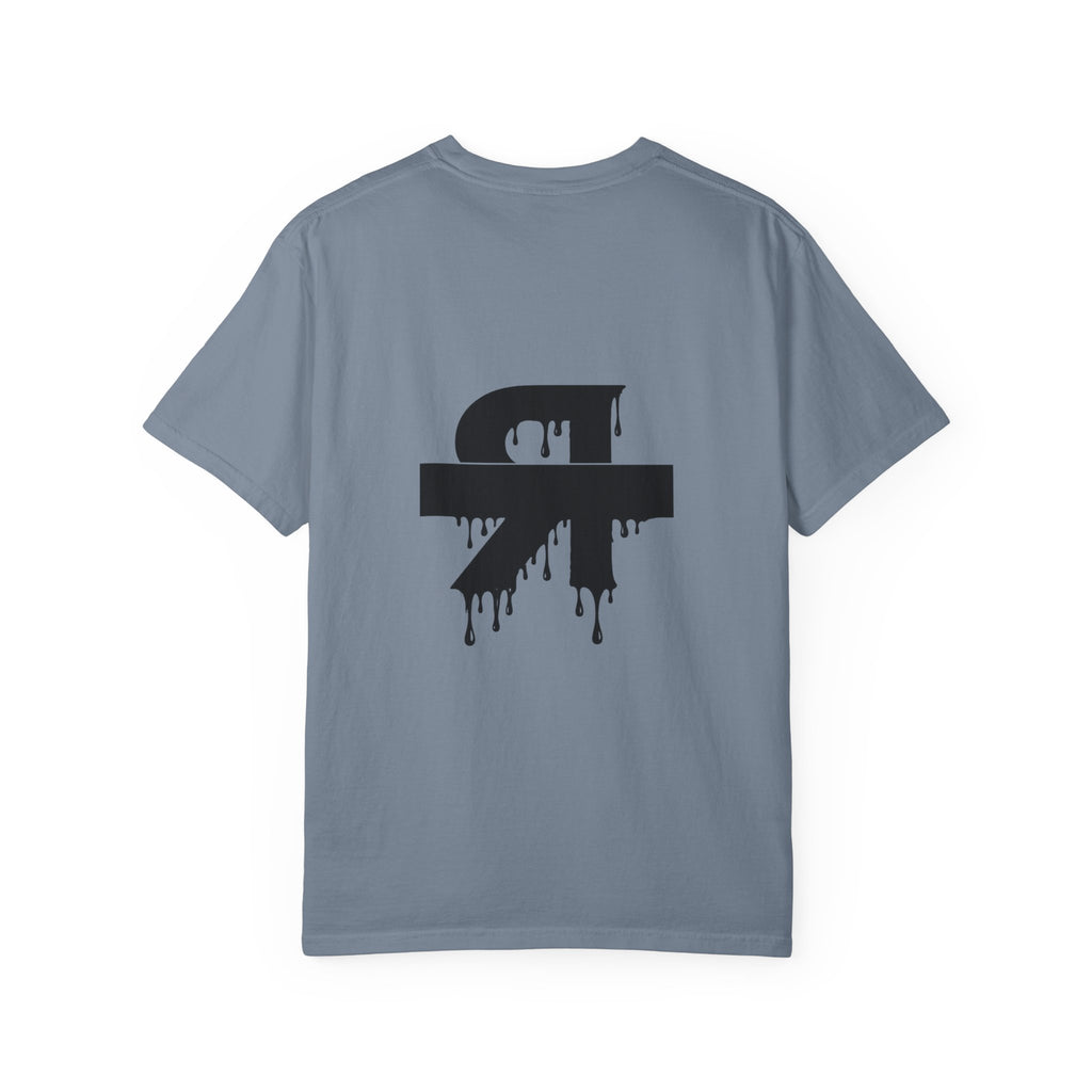 Gray t-shirt with a black graphic design on the back against a white background
