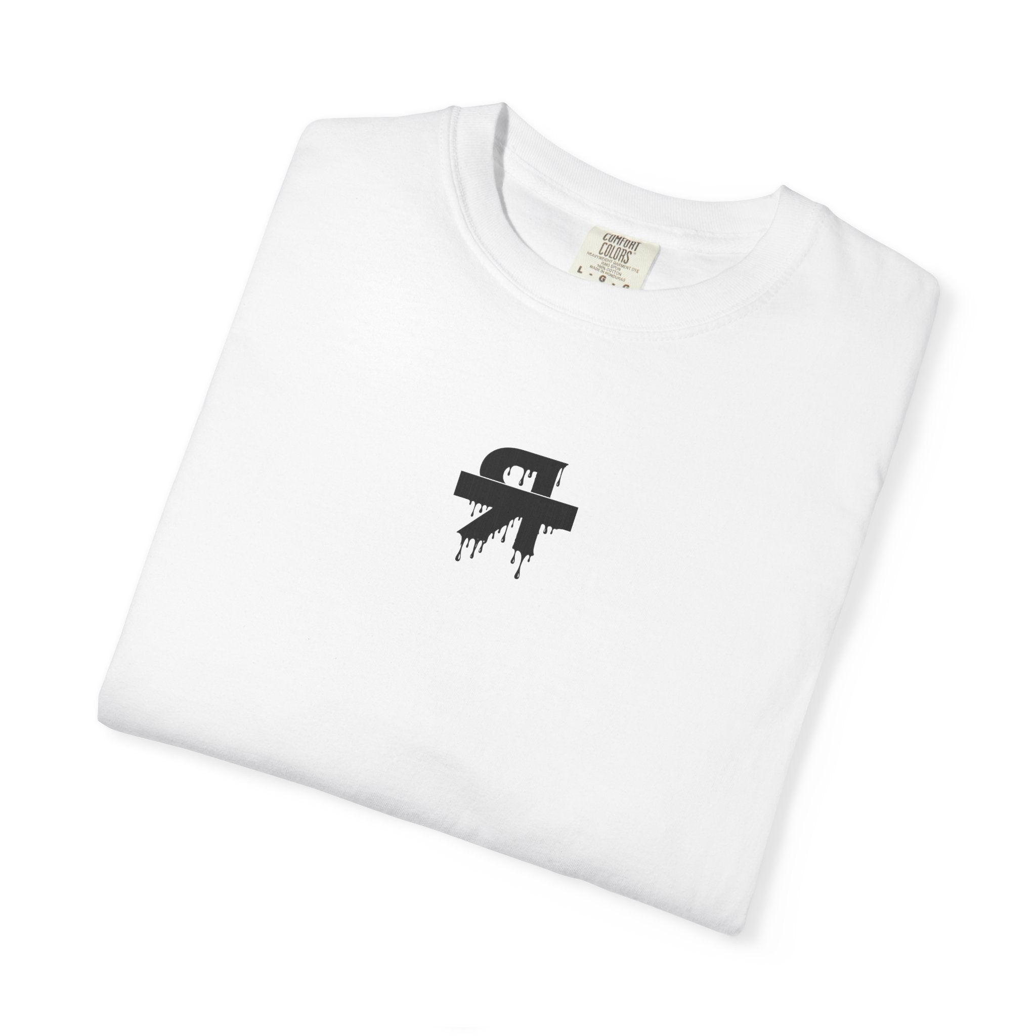 White t-shirt with a black logo on a white background