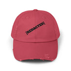 Red distressed dad hat with [REDACTED] front embroidery