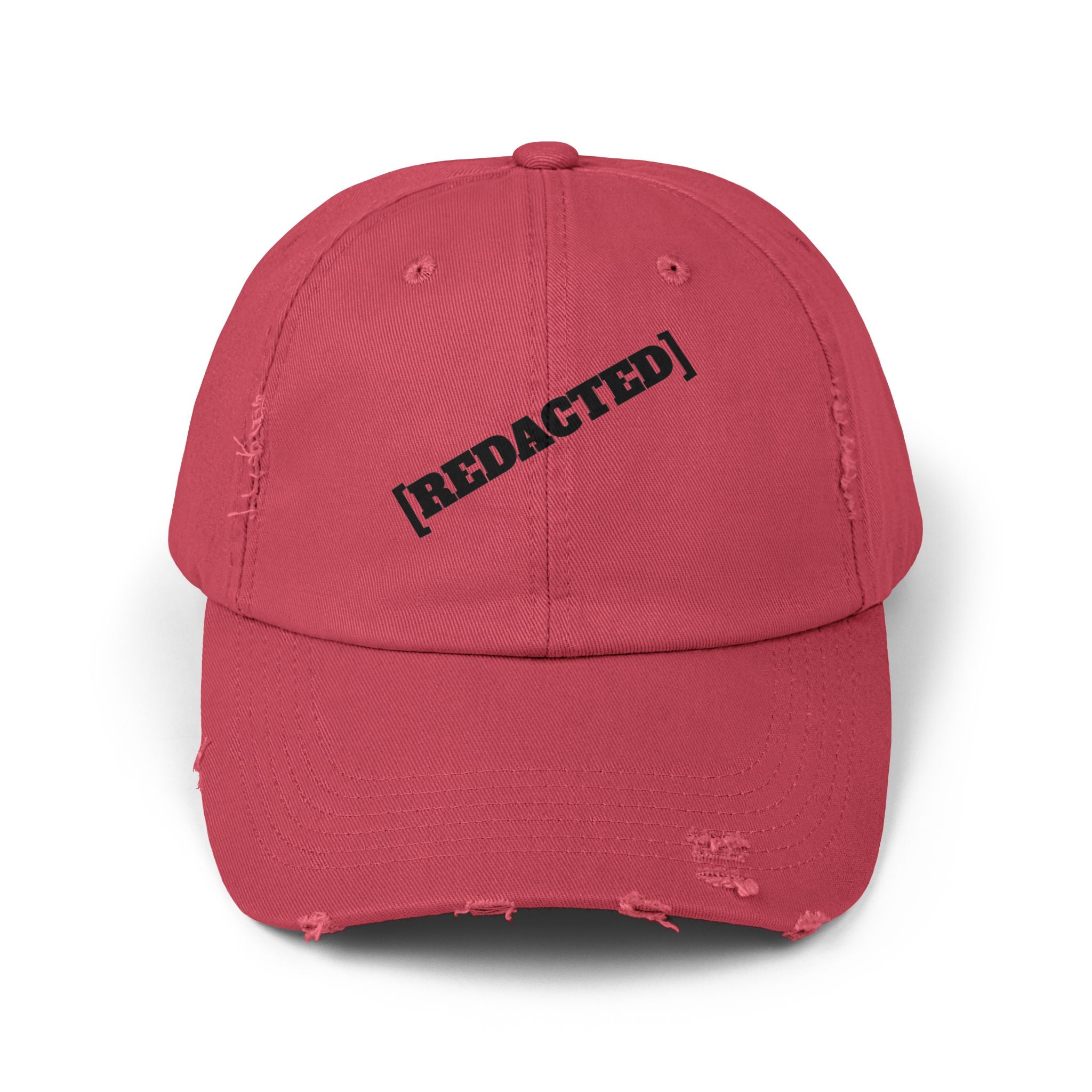Red distressed dad hat with [REDACTED] front embroidery