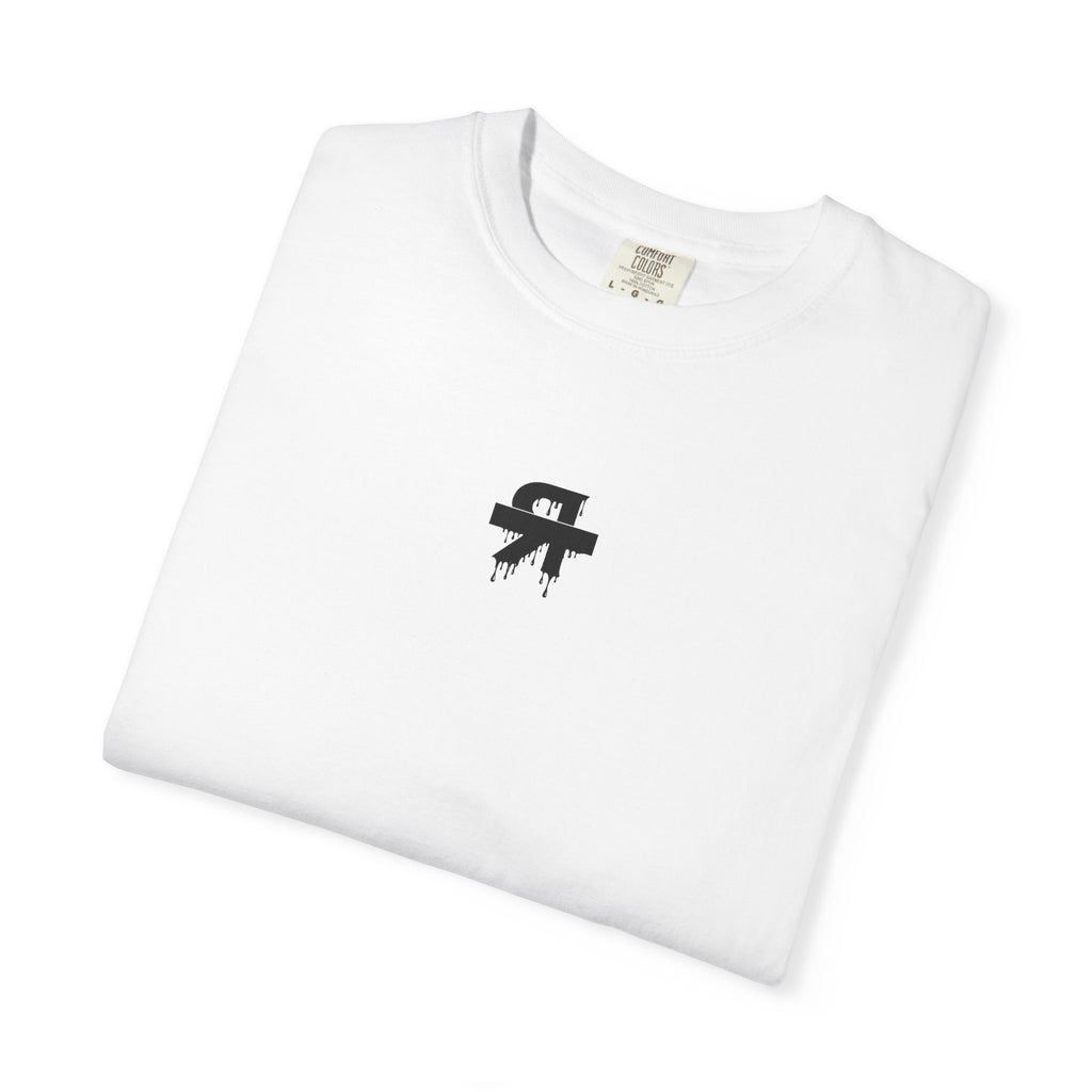 White t-shirt with a black logo on a white background
