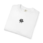 White t-shirt with a black logo on a white background