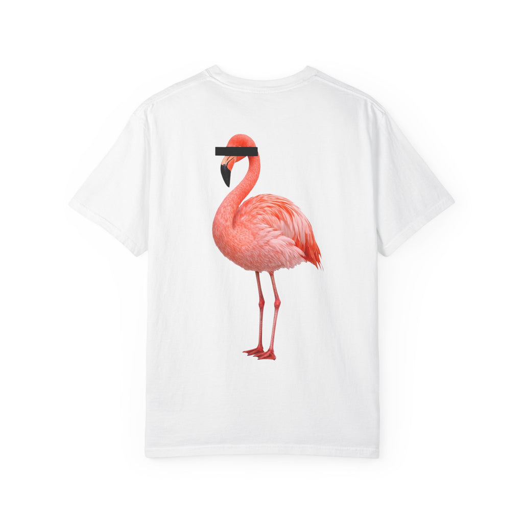 White t-shirt with a pink flamingo graphic on a white background
