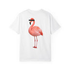 White t-shirt with a pink flamingo graphic on a white background