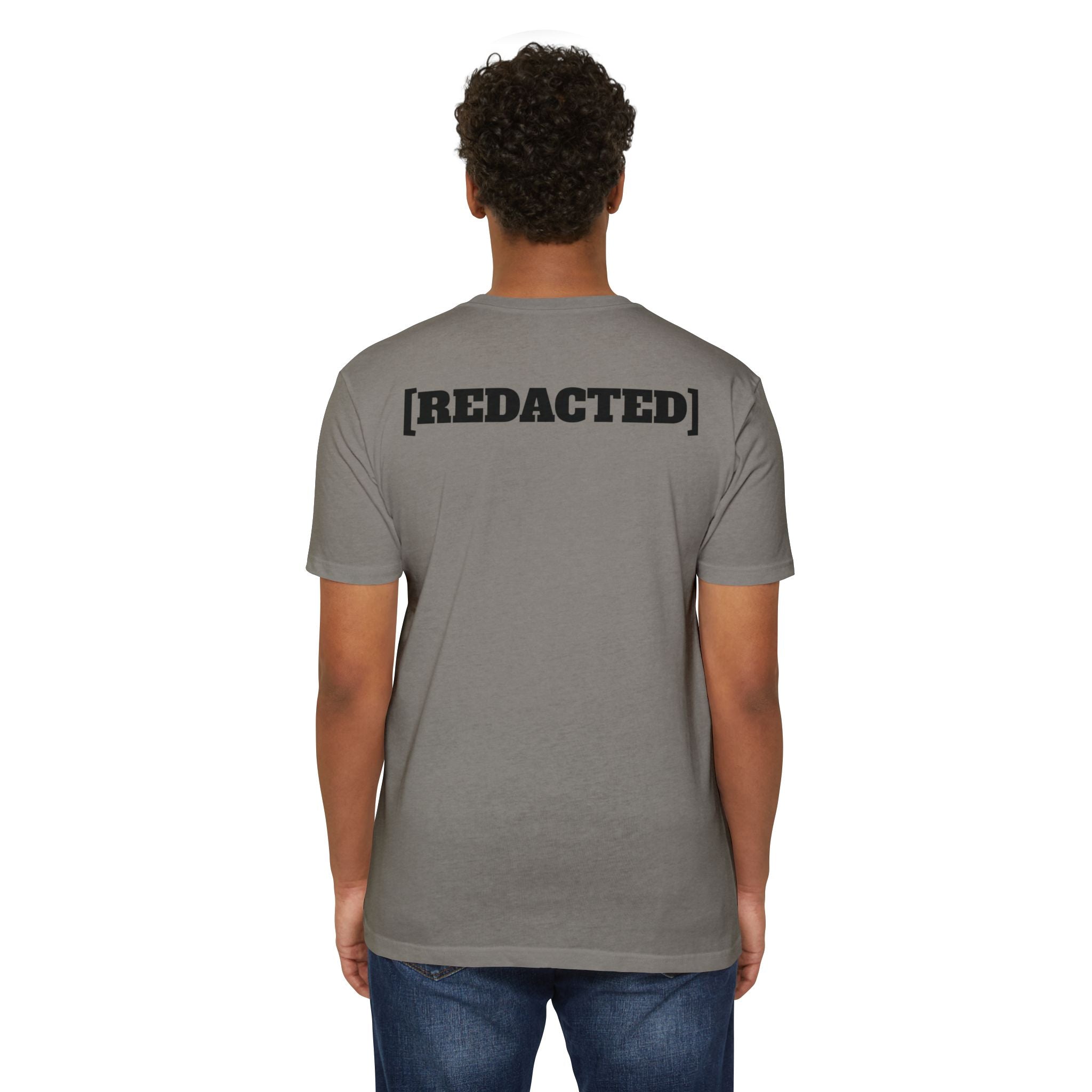 Redacted R Tee on model showing [REDACTED] back print shoulder design