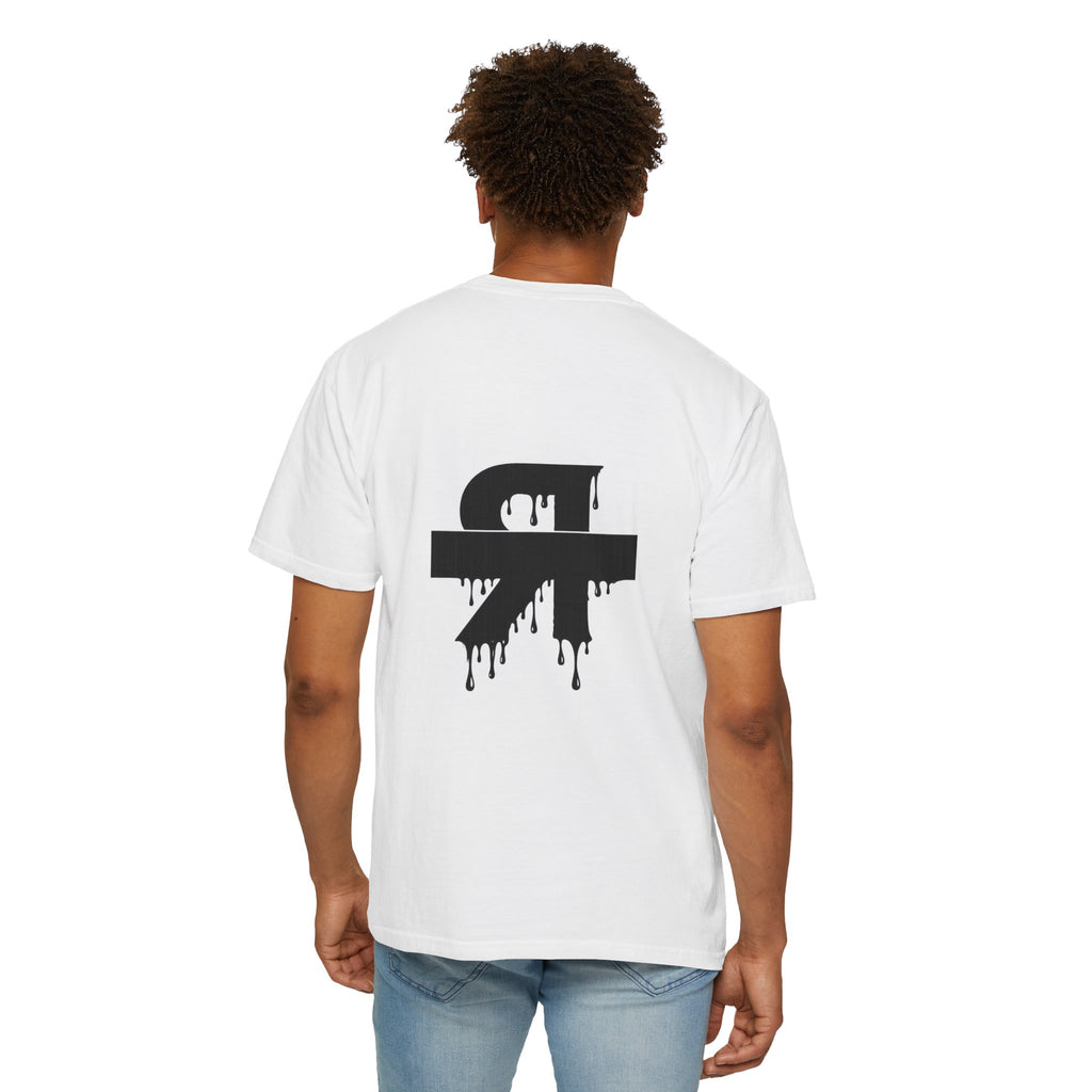 Person wearing a white t-shirt with a black logo on the back, standing against a white background
