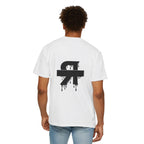 Person wearing a white t-shirt with a black logo on the back, standing against a white background