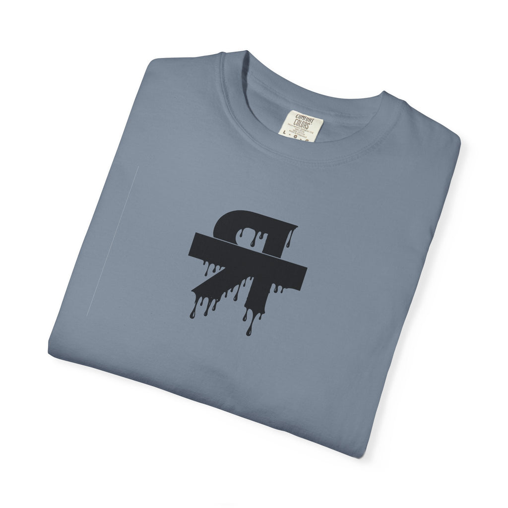 Folded gray t-shirt with a black graphic design on a white background