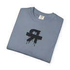 Folded gray t-shirt with a black graphic design on a white background
