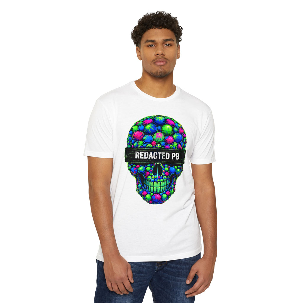 Paintball player wearing skull t shirt with redacted PB bar and neon paintball design